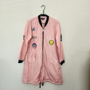 Y2K 36.5 Pink Longline Bomber Jacket with Patches Womens S Windbreaker Retro